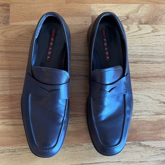 PRADA Brown Leather Driving Loafers Embossed Logo 9.5 - Picture 1 of 7